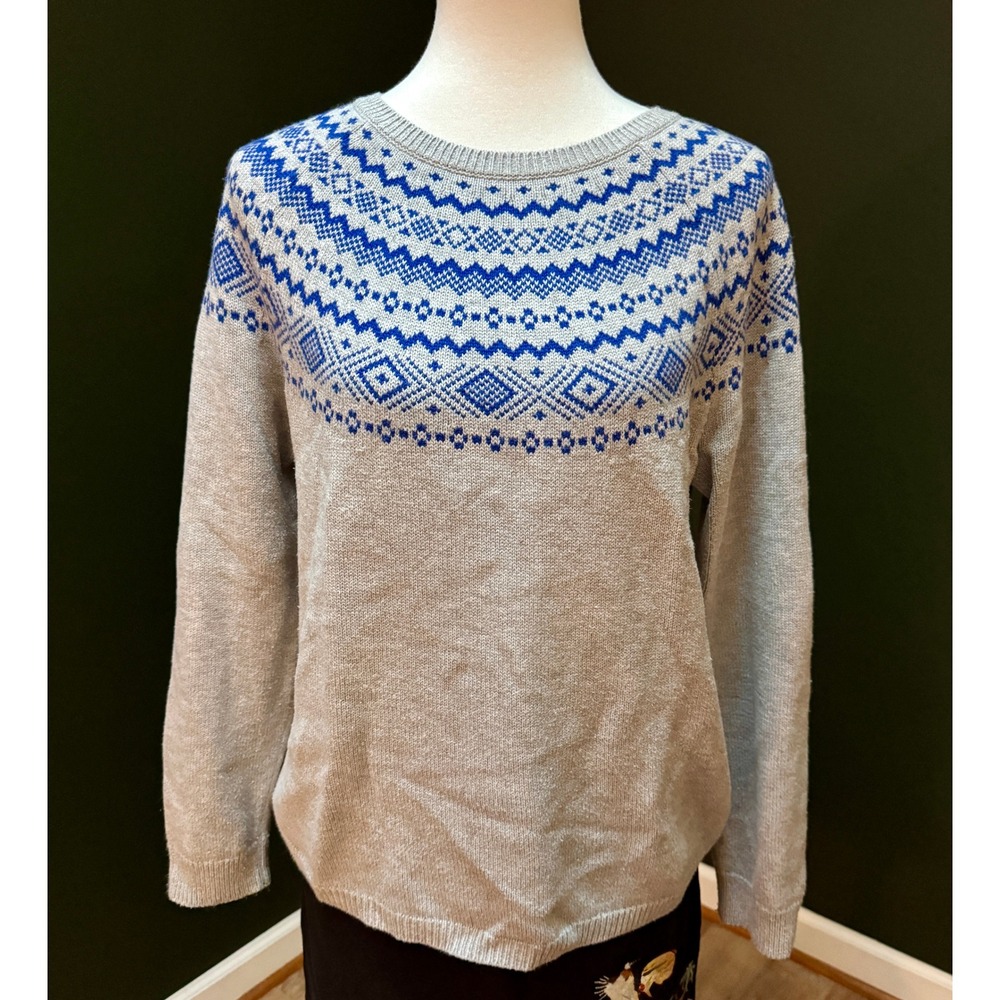 Talbots Gray and‎ Blue Fair Isle Knit Cottagecore Sweater Women's L